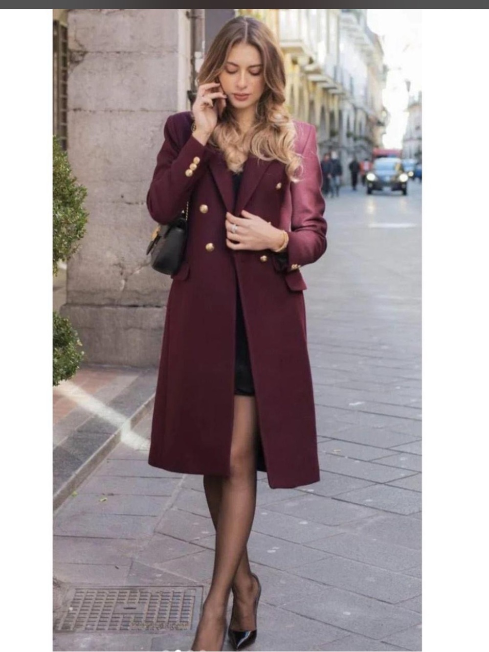 Zara Burgundy Double-Breasted Wool Over Coat with Gold Buttons EUC 1341